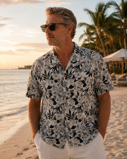 Island Ink Shirt - Ivory, Navy & Beige