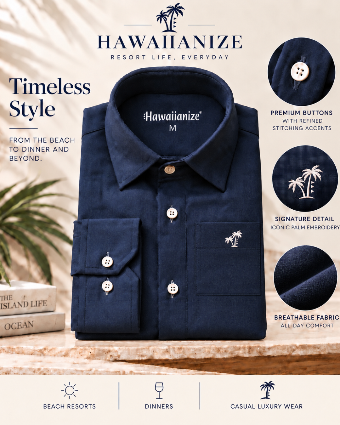 Horizon Linen Blend Shirt Long sleeves- Navy